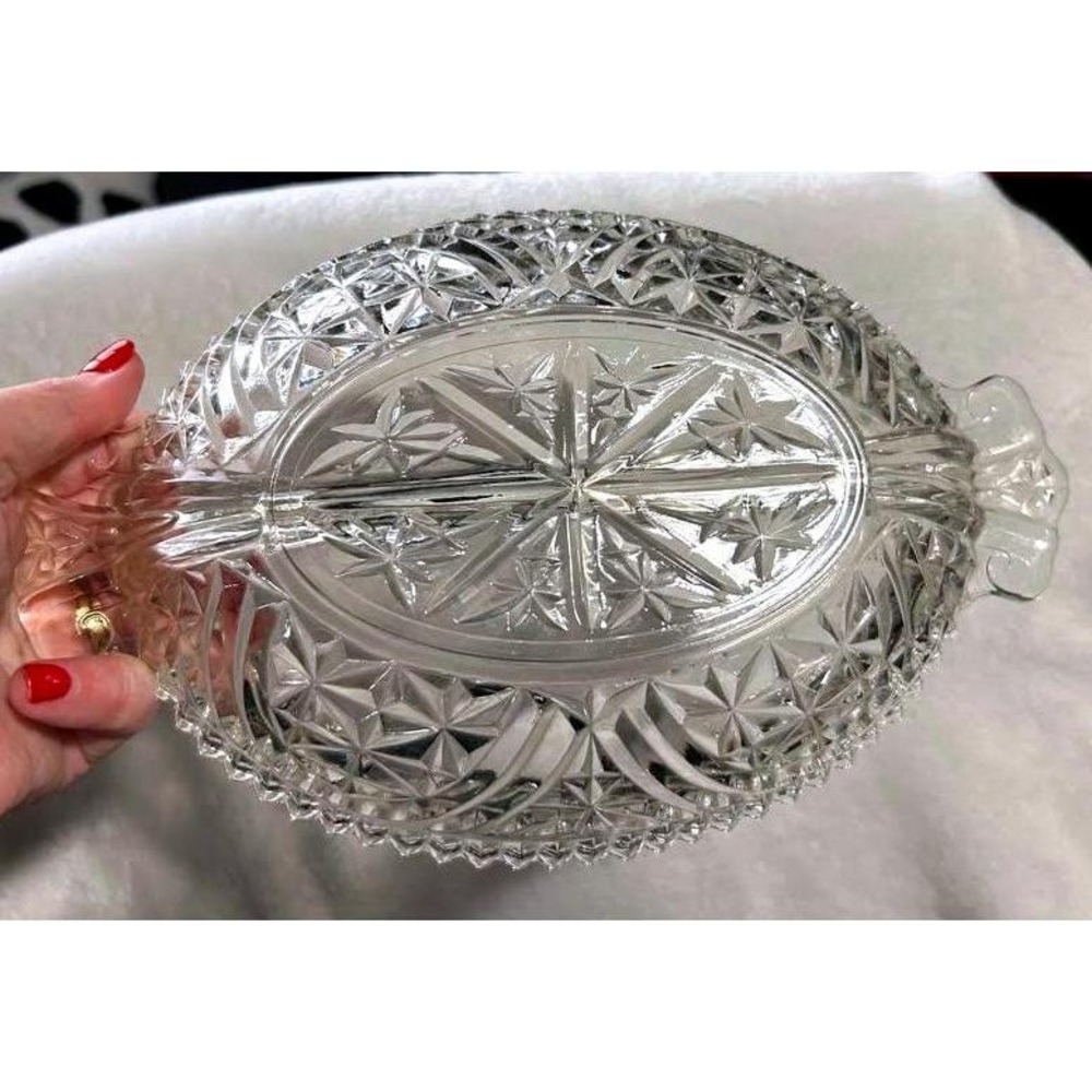 Vintage Anchor Hocking Stars and Bars Divided Rainbow Dish Thousand Line Pattern